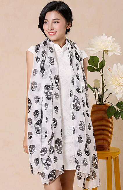 Pretty Skull Sheer Scarf Shawls Women Winter Warm Silk Panties 245*135CM - White