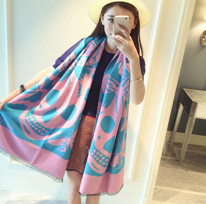 Quality Skull Scarves Wrap Women Winter Warm Cashmere Panties 190*68CM - Pink