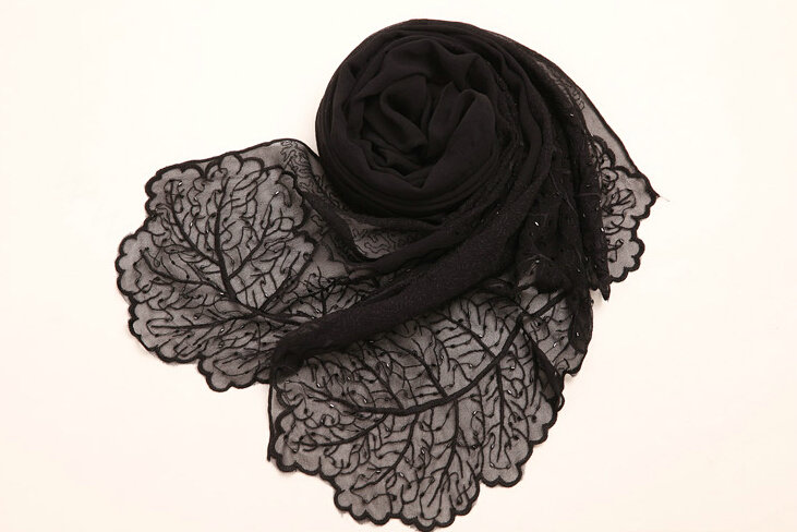 Ruffle Embroidered Beaded Scarves Wrap Women Winter Warm Silk Panties 160*50CM - Black