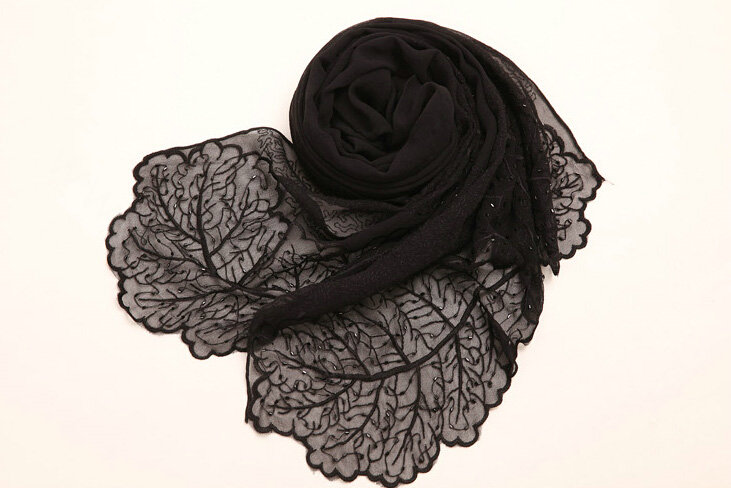 Ruffle Embroidered Beaded Scarves Wrap Women Winter Warm Silk Panties 160*50CM - Black