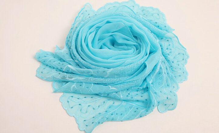 Ruffle Embroidered Beaded Scarves Wrap Women Winter Warm Silk Panties 160*50CM - Blue