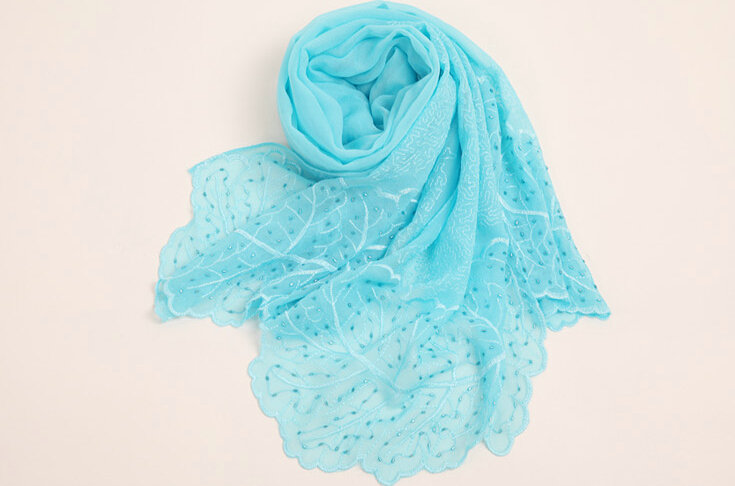 Ruffle Embroidered Beaded Scarves Wrap Women Winter Warm Silk Panties 160*50CM - Blue
