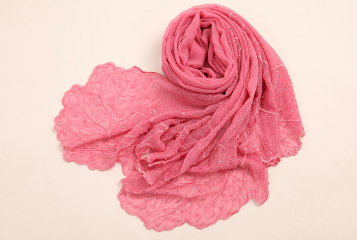 Ruffle Embroidered Beaded Scarves Wrap Women Winter Warm Silk Panties 160*50CM - Dark Pink