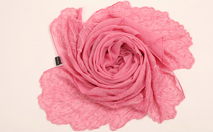 Ruffle Embroidered Beaded Scarves Wrap Women Winter Warm Silk Panties 160*50CM - Dark Pink