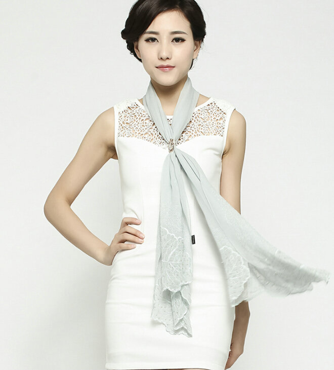 Ruffle Embroidered Beaded Scarves Wrap Women Winter Warm Silk Panties 160*50CM - Grey