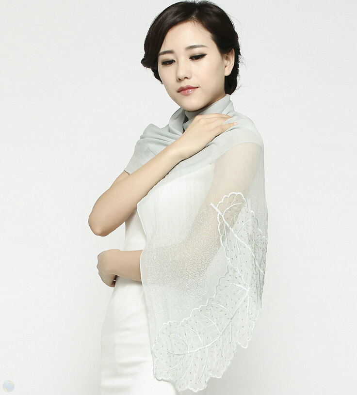 Ruffle Embroidered Beaded Scarves Wrap Women Winter Warm Silk Panties 160*50CM - Grey