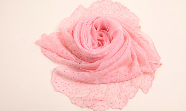Ruffle Embroidered Beaded Scarves Wrap Women Winter Warm Silk Panties 160*50CM - Pink