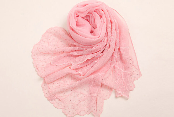Ruffle Embroidered Beaded Scarves Wrap Women Winter Warm Silk Panties 160*50CM - Pink