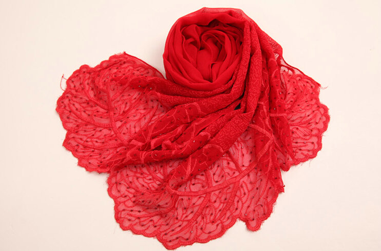 Ruffle Embroidered Beaded Scarves Wrap Women Winter Warm Silk Panties 160*50CM - Red