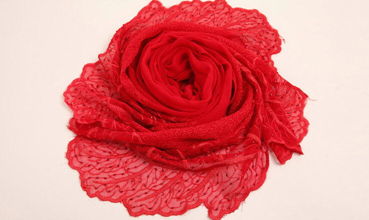 Ruffle Embroidered Beaded Scarves Wrap Women Winter Warm Silk Panties 160*50CM - Red