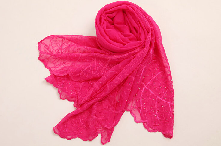 Ruffle Embroidered Beaded Scarves Wrap Women Winter Warm Silk Panties 160*50CM - Rose
