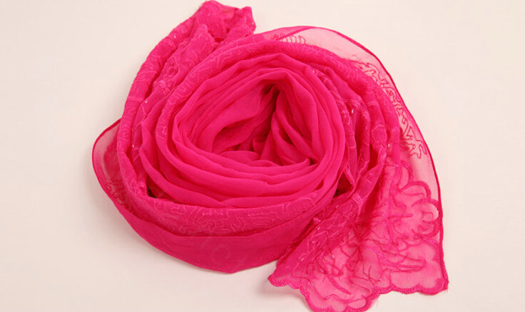 Ruffle Embroidered Beaded Scarves Wrap Women Winter Warm Silk Panties 160*50CM - Rose