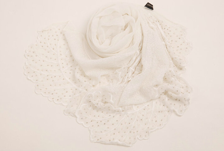 Ruffle Embroidered Beaded Scarves Wrap Women Winter Warm Silk Panties 160*50CM - White