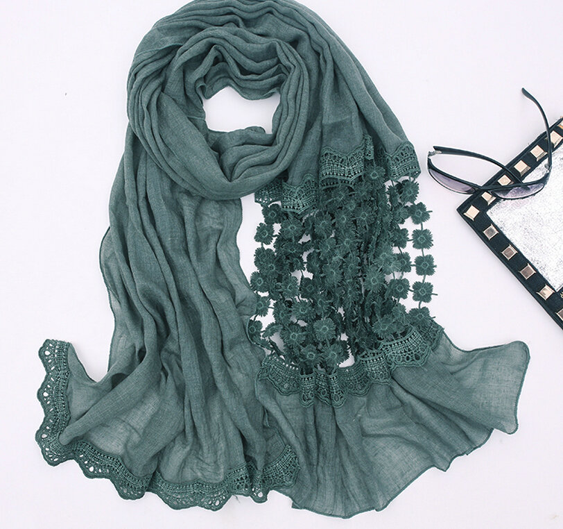 Unique Floral Lace Scarf Shawls Women Winter Warm Chiffon Solid 200*70CM - Dark Green