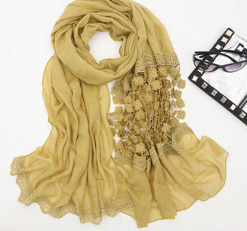 Unique Floral Lace Scarf Shawls Women Winter Warm Chiffon Solid 200*70CM - Yellow