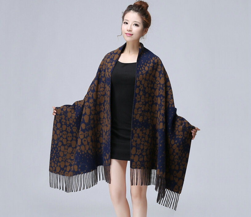 Unique Fringed Skull Scarf Shawls Women Winter Warm Wool Panties 200*65CM - Brown