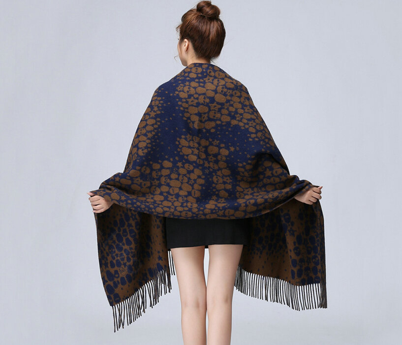 Unique Fringed Skull Scarf Shawls Women Winter Warm Wool Panties 200*65CM - Brown