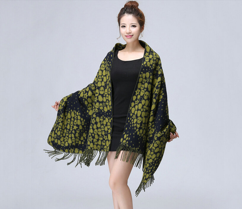 Unique Fringed Skull Scarf Shawls Women Winter Warm Wool Panties 200*65CM - Green