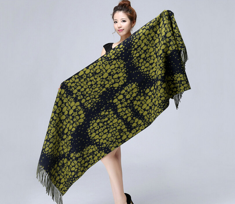 Unique Fringed Skull Scarf Shawls Women Winter Warm Wool Panties 200*65CM - Green