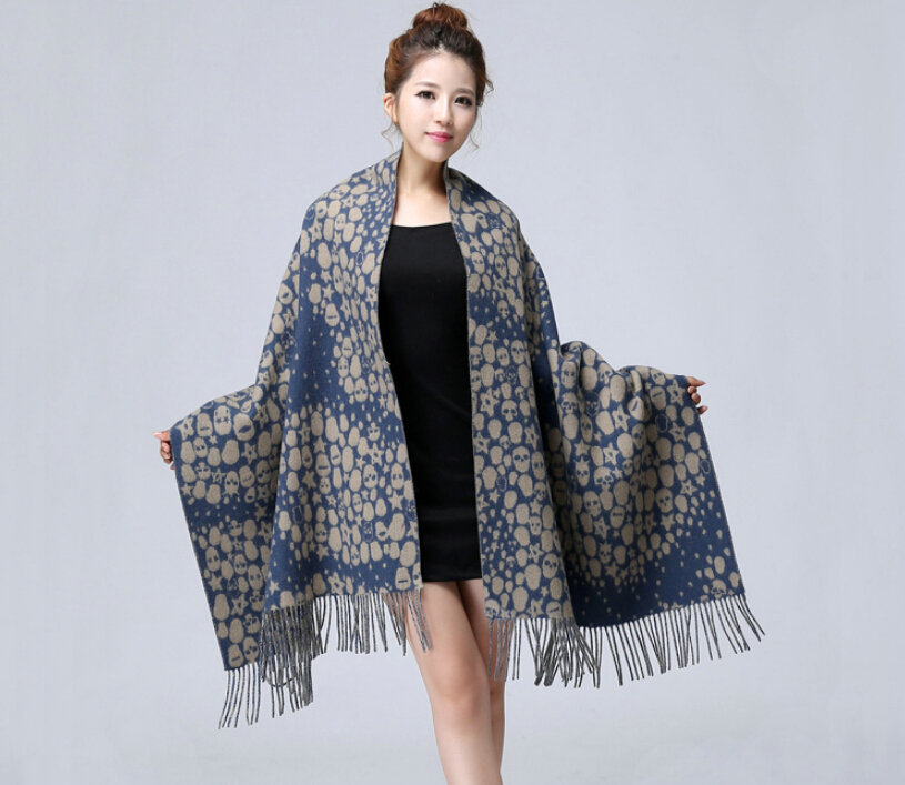 Unique Fringed Skull Scarf Shawls Women Winter Warm Wool Panties 200*65CM - Grey