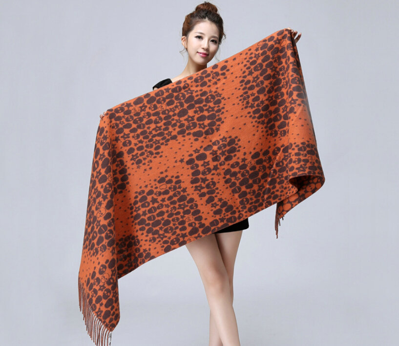 Unique Fringed Skull Scarf Shawls Women Winter Warm Wool Panties 200*65CM - Orange