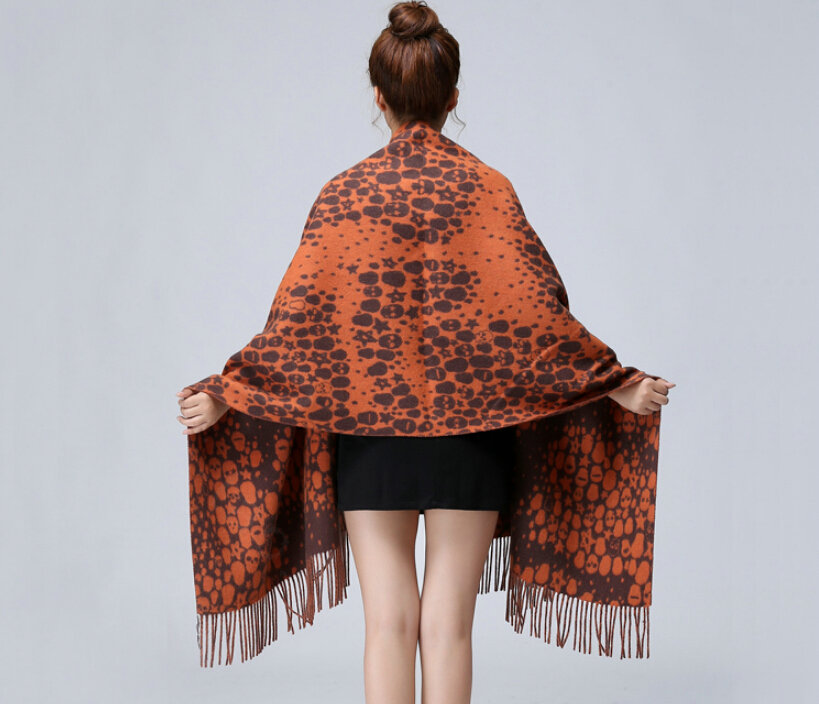 Unique Fringed Skull Scarf Shawls Women Winter Warm Wool Panties 200*65CM - Orange