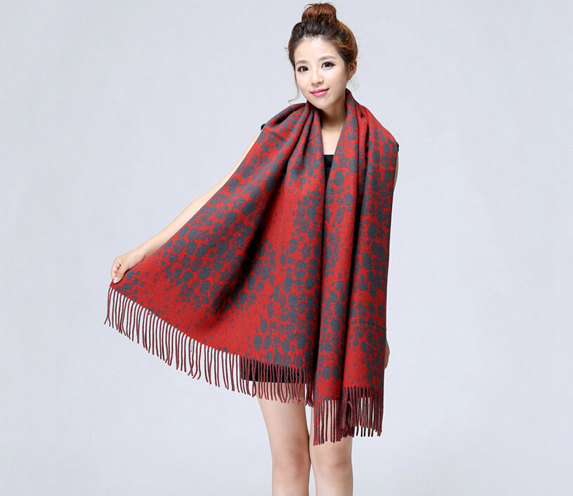 Unique Fringed Skull Scarf Shawls Women Winter Warm Wool Panties 200*65CM - Red