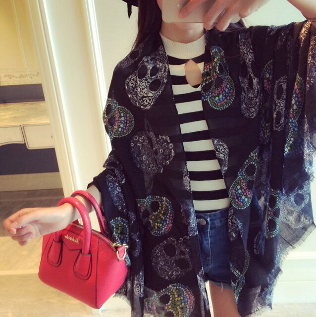 Unique Skull Scarf Scarves For Women Winter Warm Cotton Panties 190*110CM - Black