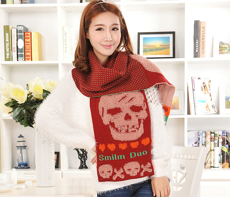 Unique Skull Scarf Shawls Women Winter Warm Wool Panties 170*30CM - Orange