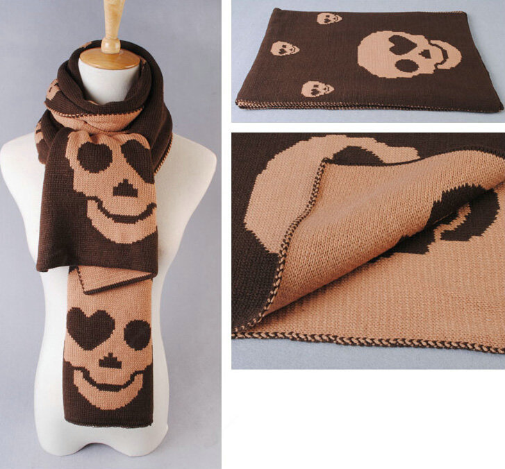 Unique Skull Scarf Shawls Women Winter Warm Wool Panties 200*30CM - Brown