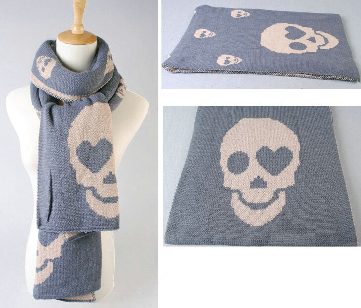 Unique Skull Scarf Shawls Women Winter Warm Wool Panties 200*30CM - Grey