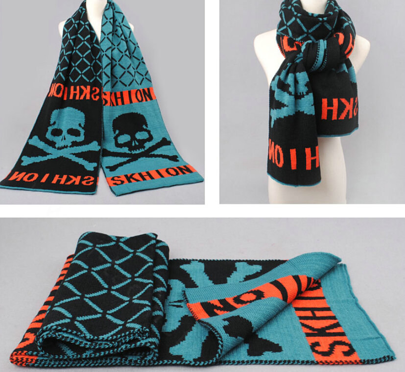 Vintage Plaid Skull Scarves Wrap Women Winter Warm Polyester 200*33CM - Black Blue