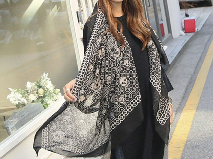Vintage Skull Scarves Wrap Women Winter Warm Polyester 178*112CM - Black