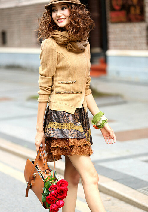 Beautiful Dresses Fall Female Skirts Leopard Print Fake Two Lace - Brown