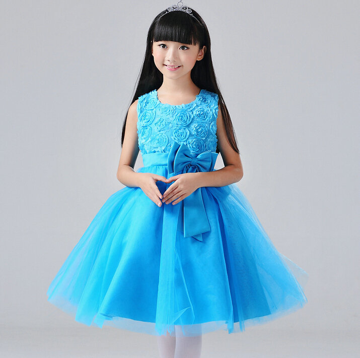 Cheap Dresses Fall Flower Girls Bowknot Rose Wedding Party Dress - Blue