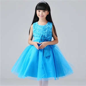 Cheap Dresses Fall Flower Girls Bowknot Rose Wedding Party Dress - Blue