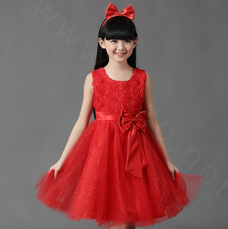 Cheap Dresses Fall Flower Girls Bowknot Rose Wedding Party Dress - Red