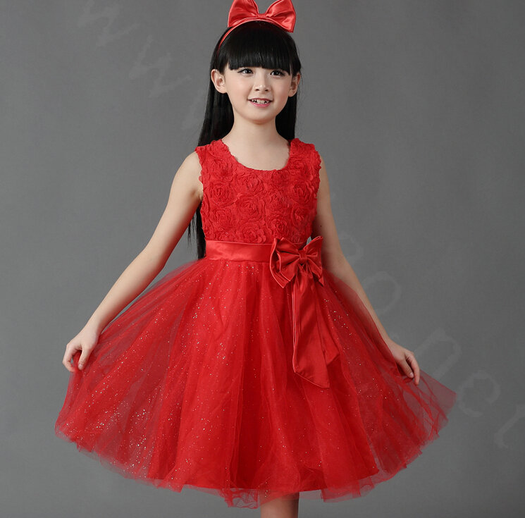 Cheap Dresses Fall Flower Girls Bowknot Rose Wedding Party Dress - Red