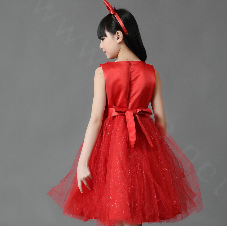 Cheap Dresses Fall Flower Girls Bowknot Rose Wedding Party Dress - Red