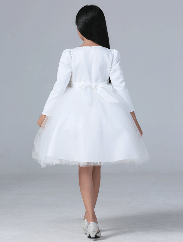 Cheap Dresses Fall Flower Girls Bowknot Rose Wedding Party Dress - White