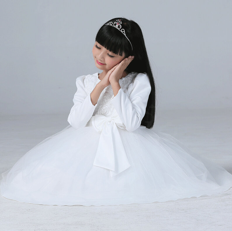 Cheap Dresses Fall Flower Girls Bowknot Rose Wedding Party Dress - White