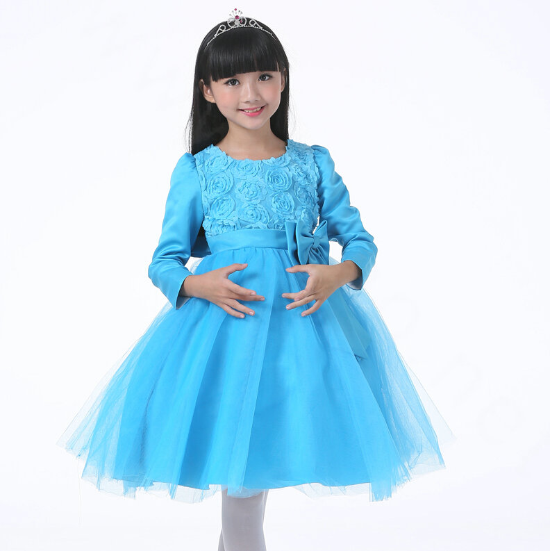 Cheap Dresses Fall Flower Girls Long Sleeve Bowknot Rose Wedding Party Dress - Blue
