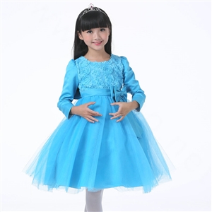 Cheap Dresses Fall Flower Girls Long Sleeve Bowknot Rose Wedding Party Dress - Blue
