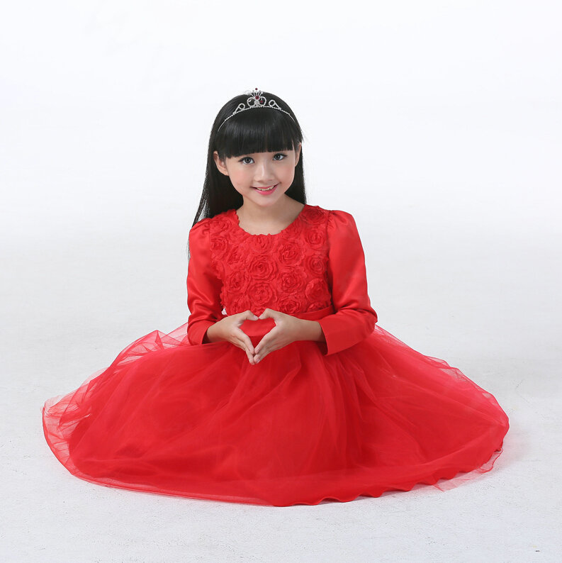 Cheap Dresses Fall Flower Girls Long Sleeve Bowknot Rose Wedding Party Dress - Red