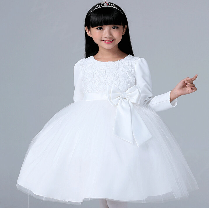Cheap Dresses Fall Flower Girls Long Sleeve Bowknot Rose Wedding Party Dress - White