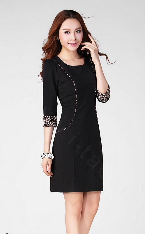 Classy Dresses Fall Women Three-Quarter Sleeve Leopard Print Plus Size - Black