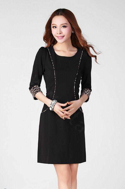 Classy Dresses Fall Women Three-Quarter Sleeve Leopard Print Plus Size - Black