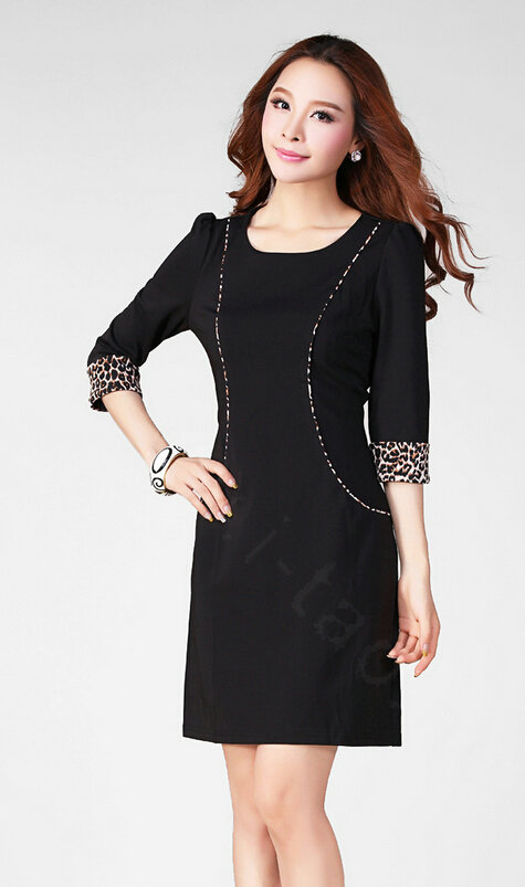 Classy Dresses Fall Women Three-Quarter Sleeve Leopard Print Plus Size - Black