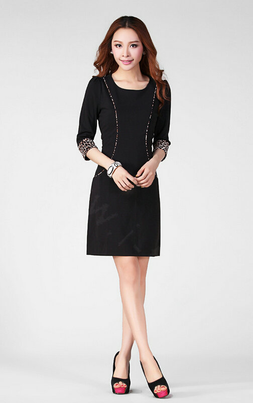 Classy Dresses Fall Women Three-Quarter Sleeve Leopard Print Plus Size - Black