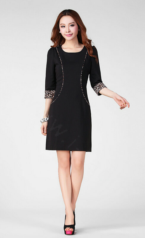 Classy Dresses Fall Women Three-Quarter Sleeve Leopard Print Plus Size - Black